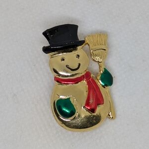 SFJ Vintage Snowman Brooch Goldstone Black Hat Red Scarf Green Mittens Holidays